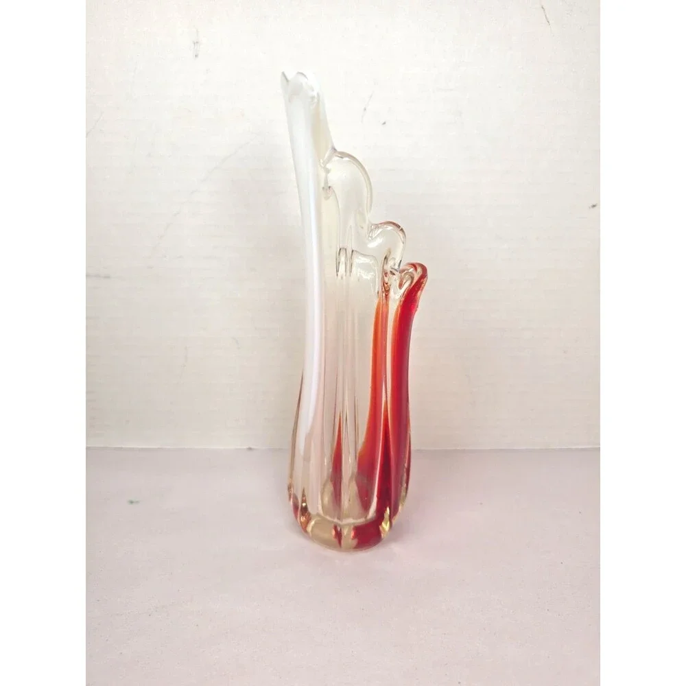Vintage Murano Style Red Clear White Art Glass Bud Vase 9